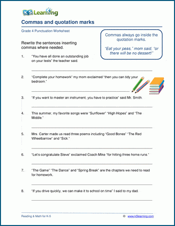 Grammar worksheet on commas and quotation marks.