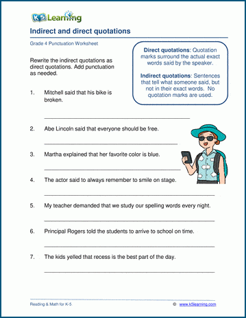 Grammar worksheet on punctuating direct and indirect quotations.