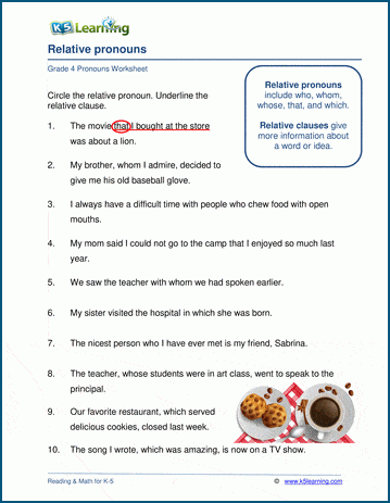 Grammar worksheet on relative pronouns.