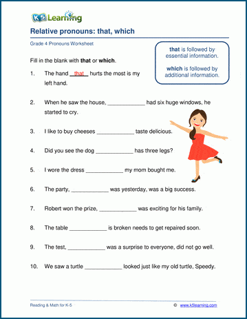 Grammar worksheet on the relative pronouns that and which.