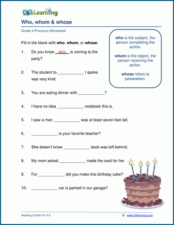 Grammar worksheet on who, whom and whose.