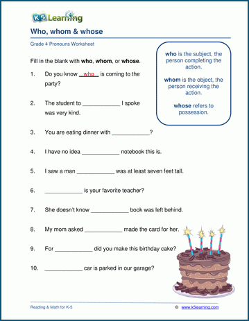 Who, whom or whose - relative pronoun worksheets | K5 Learning