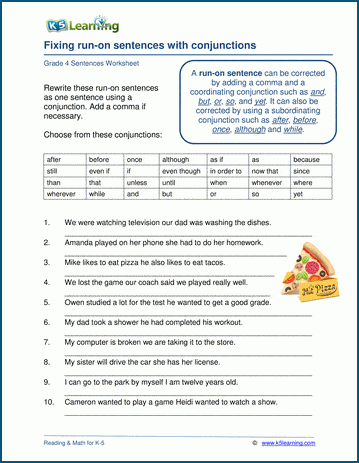 Grammar worksheet on fixing run-on sentences with conjunctions.