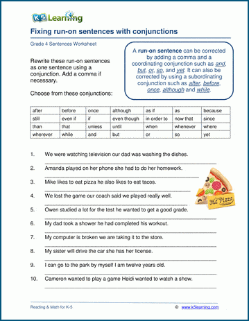 Run-on sentences worksheets