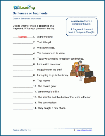Grammar worksheet on sentence fragments.