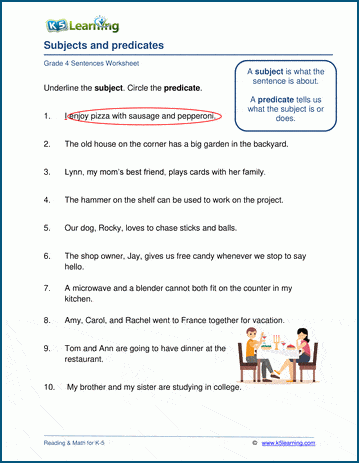 Grammar worksheet on subjects and predicates.
