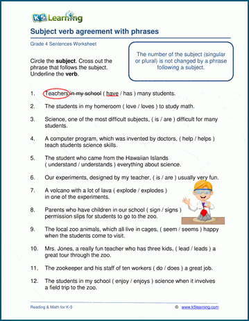 Grammar worksheet on subject-verb agreement with phrases.