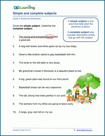Grammar worksheet on simple and complete subjects.