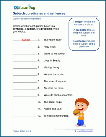 Grammar worksheet on subjects, predicates and full sentences.