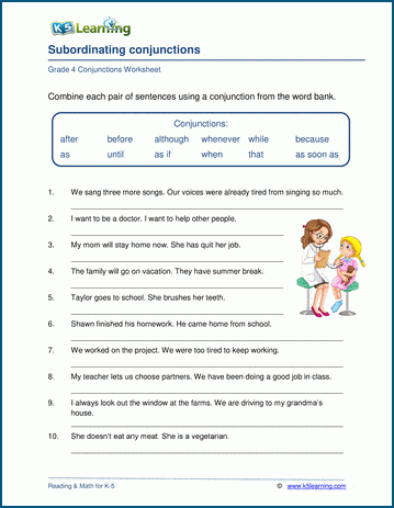 Grammar worksheet on subordinating conjunctions.