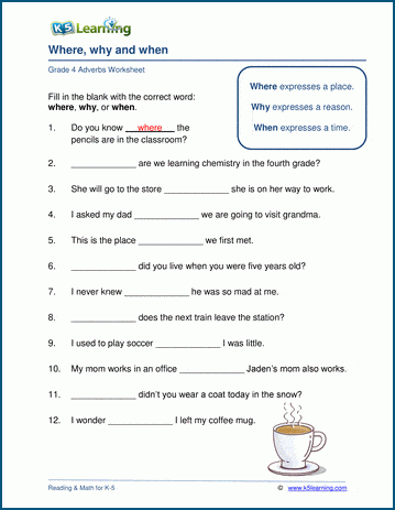 Grammar worksheet on the use of the relative adverbs where, why and when.