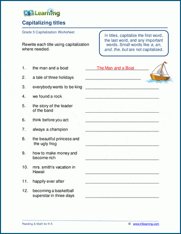 Grade 5 capitalize titles worksheets