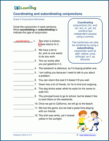 conjunction worksheets k5 learning