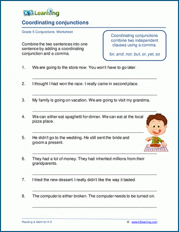 Coordinating conjunction worksheets for grade 5 | K5 Learning