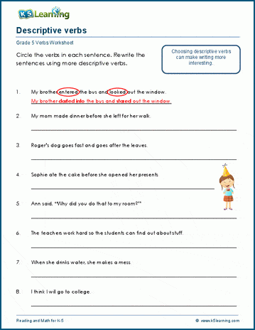 Grammar Worksheet - improve writing with descriptive verbs