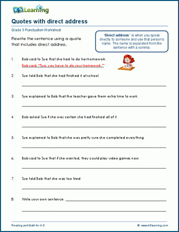 Direct address and quotes worksheets