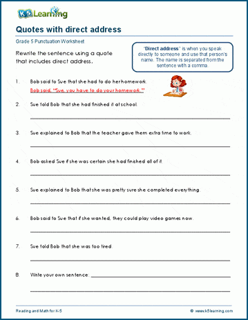 direct address quotes worksheets k5 learning