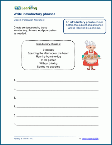 Introductory phrases worksheets
