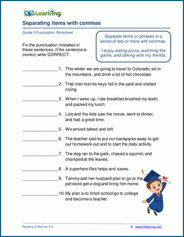 Separating items with commas worksheets