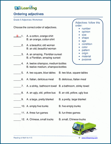 order of adjectives worksheets k5 learning