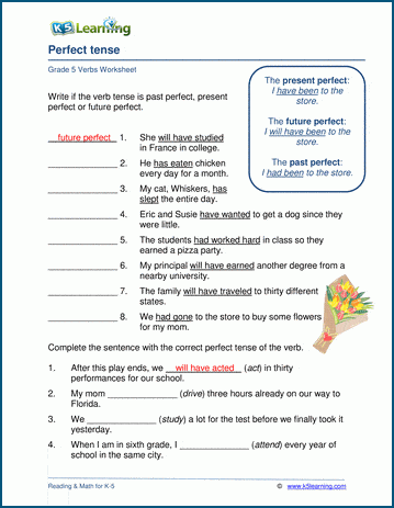 Grade 5 grammar worksheet on the perfect tenses