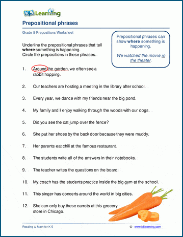 Grade 5 prepositional phrase worksheets