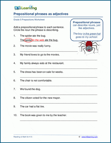 Prepositional phrases and adjectives worksheets