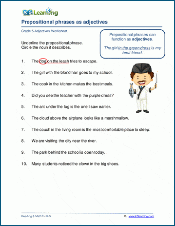 Prepositional phrases as adverbs or adjectives worksheets