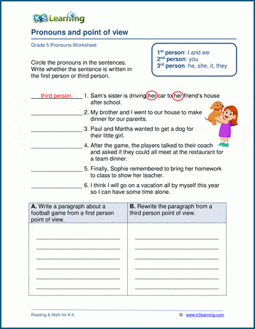 Grade 5 grammar worksheet on pronouns and points of view