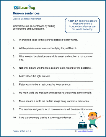 Grade 5 run-on sentences worksheets