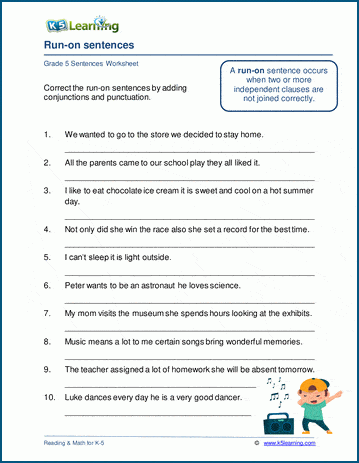 Correcting Run-On Sentences Worksheets