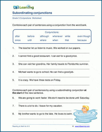 Subordinating conjunction worksheets