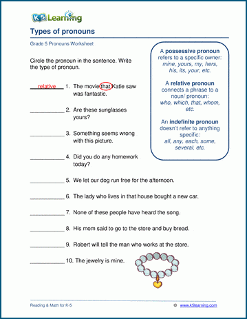 types of pronouns worksheets k5 learning