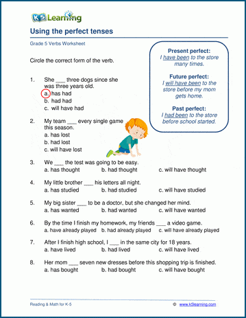 Grade 5 grammar worksheet on using the perfect tenses