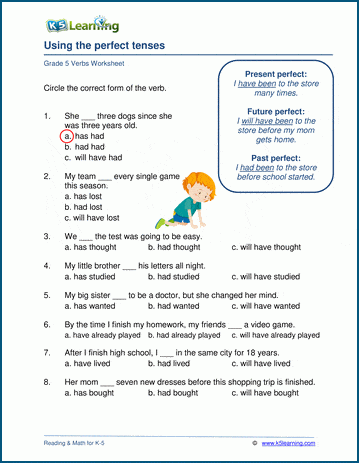 using pefect tenses worksheets k5 learning