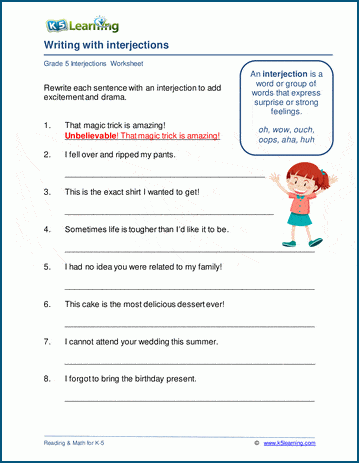 Writing interjections worksheets | K5 Learning