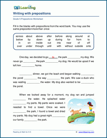 Writing prepositions worksheets