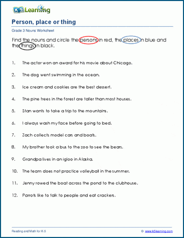 Nouns as a person place or thing worksheets | K5 Learning