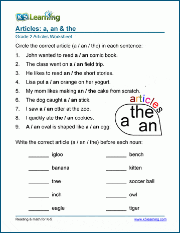 Grade 2 grammar worksheet on the articles a an the