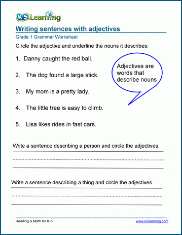 Grade 1 grammar worksheet on writing sentences with adjectives