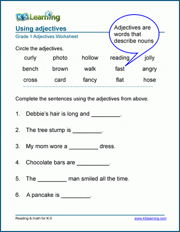 Grade 1 grammar worksheet on using adjectives