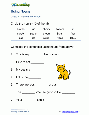 Grade 1 grammar worksheet on using nouns