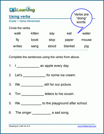 Verbs in sentences worksheets for grade 1