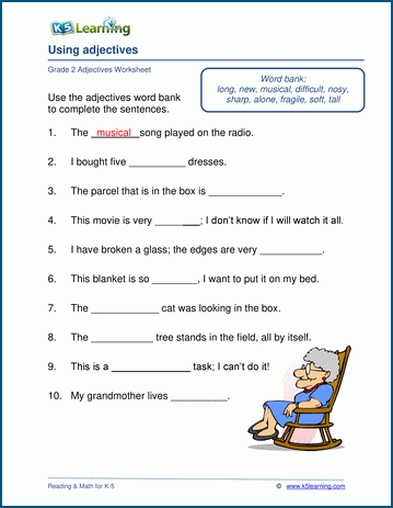 Grade 2 grammar worksheet on using adjectives