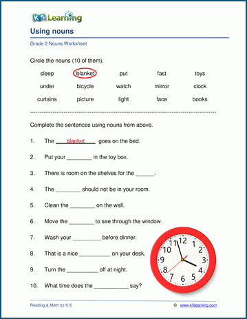 Grade 2 grammar worksheet on using nouns