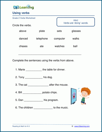 Grade 2 grammar worksheet on using verbs