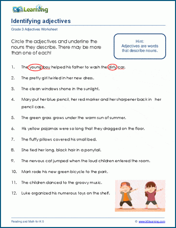 Grade 3 grammar worksheet on identifying adjectives in sentences