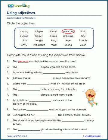 Grade 3 grammar worksheet on using adjectives in sentences