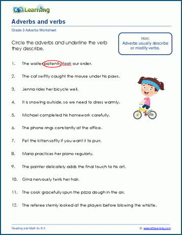 Grade 3 grammar worksheet on identifying adverbs and verbs in sentences