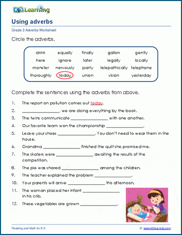 Grade 3 grammar worksheet on using adverbs in sentences